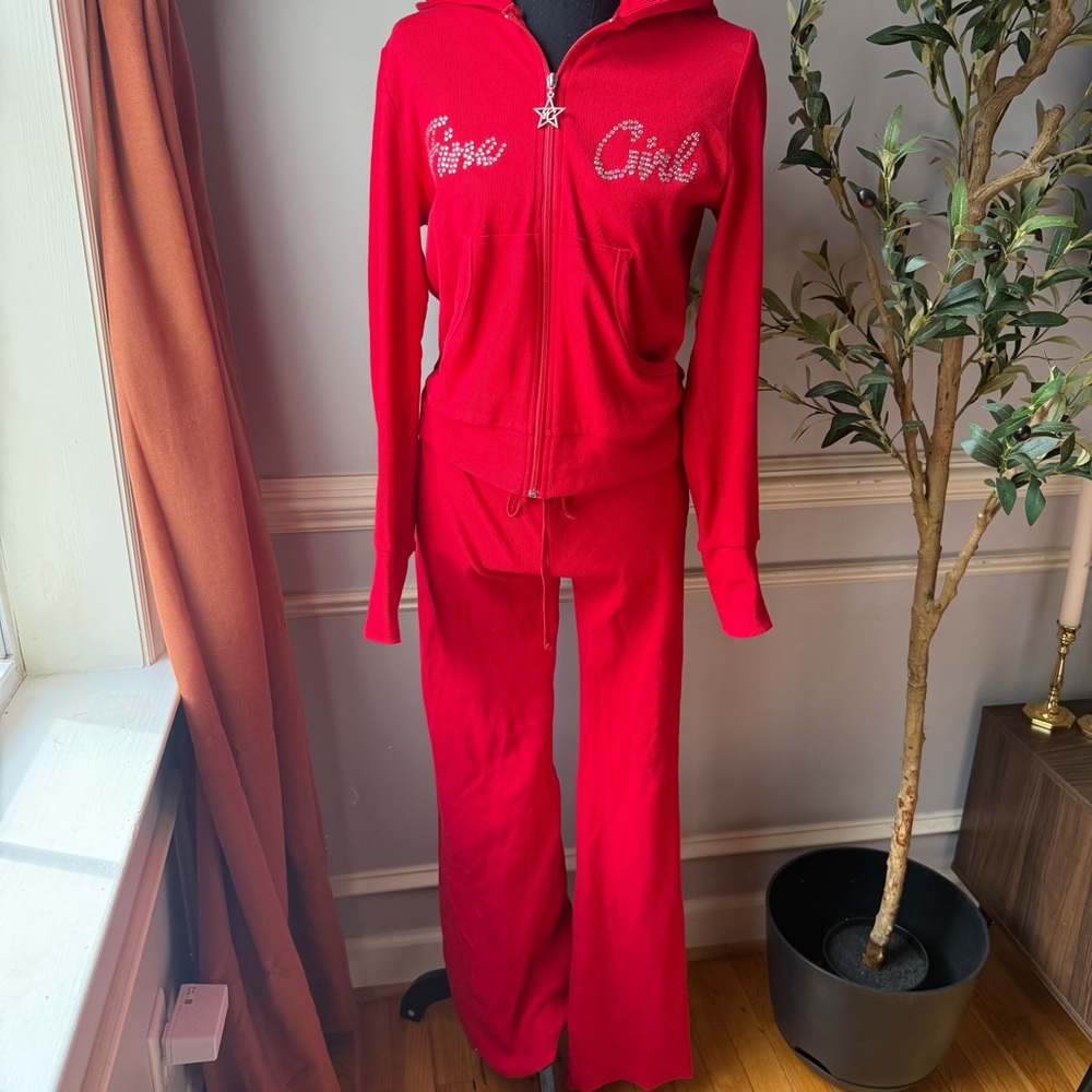 Fine Girl Red Rhinestone Ribbed Knit Tracksuit Set‎ Fits L Y2K